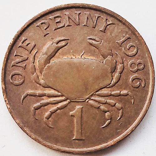 螃蟹 英属 格恩西根西岛1便士青铜硬币 中年女王版 20.