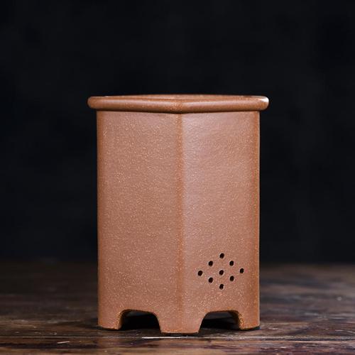 紫砂兰花盆名家蒯多辉款秋兰六方直筒降坡泥盆精品中国风紫砂花盆