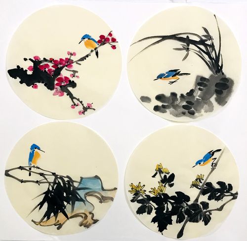 四联画梅兰竹菊四君子八开团扇面名家手绘装饰画客厅书房茶楼玄关