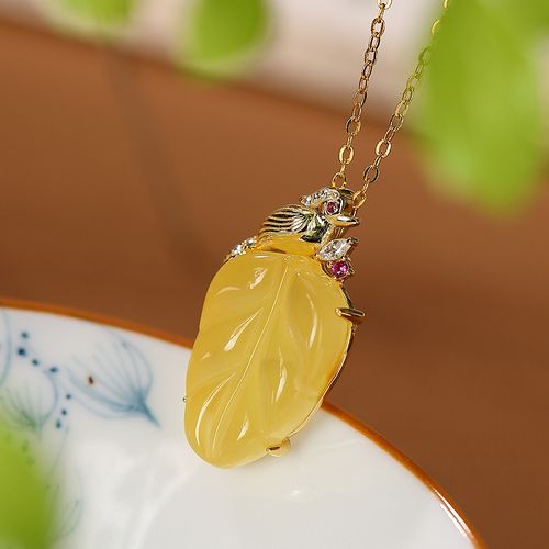 珍韵缘925银镀金蜜蜡吊坠复古个性喜鹊黄蜜叶子女士优雅气质挂坠 蜜蜡