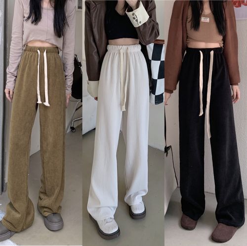灯芯绒抽绳休闲裤女秋冬2021新款韩版松紧腰阔腿裤高腰显瘦直筒裤