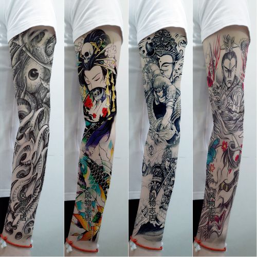 1套4张手臂全臂纹身贴防水持久男女花臂全臂般若仿真逼真刺青贴纸