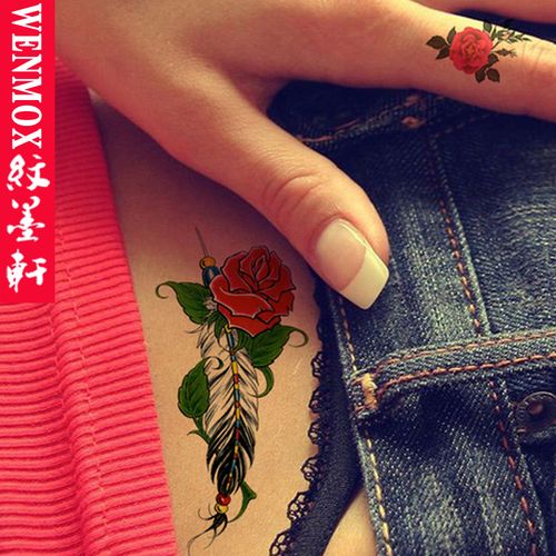 纹墨轩羽毛玫瑰花遮疤纹身贴 剖腹产彩色羽毛遮痕防水纹身贴纸逼真女