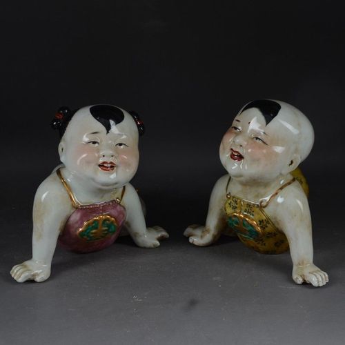 【官窑】景德镇雕塑瓷厂厂货陶瓷粉彩金童玉女娃娃一对居家装饰精