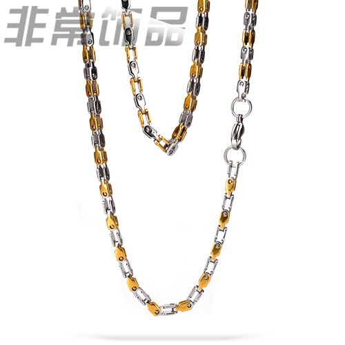 个性间金项链男嘻哈欧美街头金属朋克风钛钢盒子链单车链双色彩金