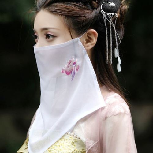发汉服面纱挂耳新款绣花面纱古风面纱遮脸纱古代蒙面纱巾网红透气