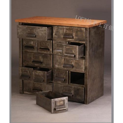 美式铁艺复古工业斗柜实木餐边柜落地铁皮做旧柜子多抽屉柜储物柜