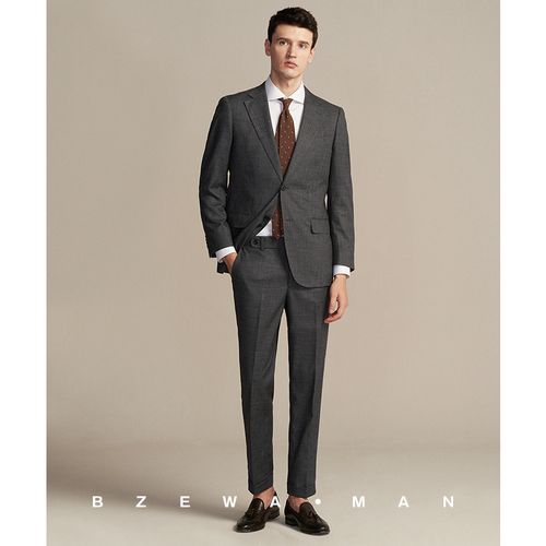 深灰色竹节纹男士西服套装定制牛角扣商务休闲意式修身正装西装潮