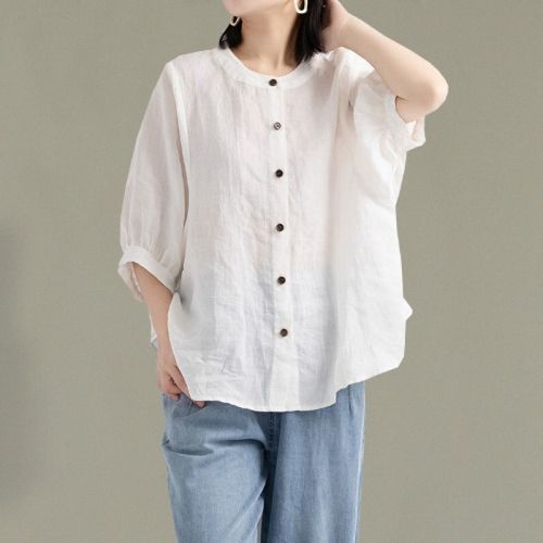 轻奢品牌夏装2021新款宽松气质衬衫亚麻显瘦休闲灯笼袖衬衣棉麻上衣女