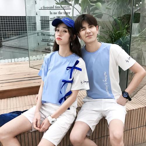 情侣装2022夏装新款男女短袖套装五分裤青年学生班服时尚拼接t恤
