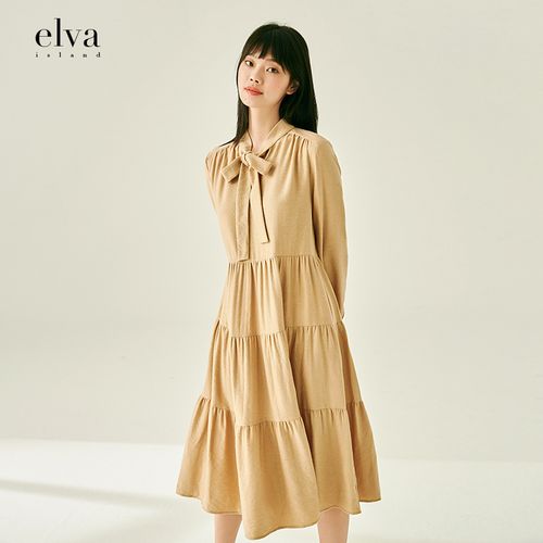 elva" island温柔气质长袖公主裙连衣裙女秋季中长款蛋糕裙显瘦