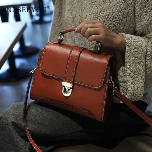 品牌 新款复古牛皮女包小方包包女休闲单肩包斜挎手提包女皮包 橙色
