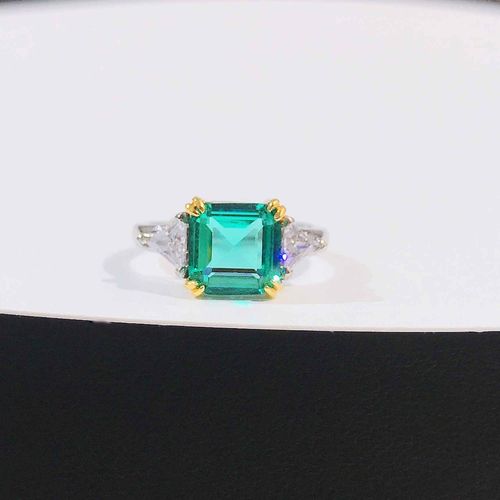 高定款仿哥伦比亚培育祖母绿戒指网红直播克拉方钻指环女潮