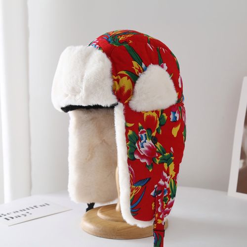 冬季复古雷锋帽女保暖护耳东北大花布棉帽子男防寒青年民族风红潮