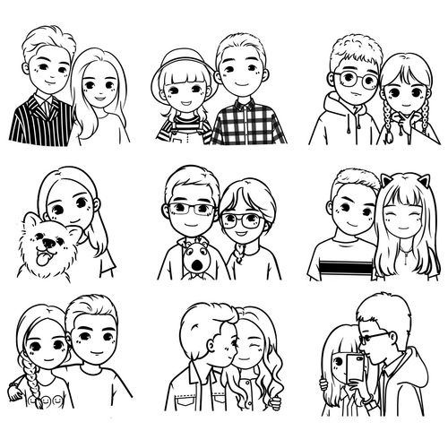 情侣漫画手绘卡通q版黑白线条简笔画真人照片设计头像