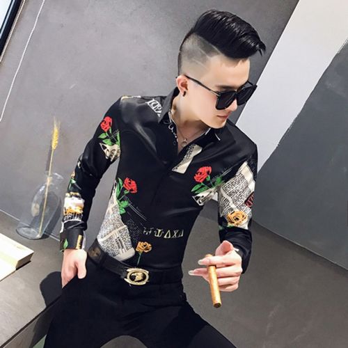 精神小伙印花衬衣长袖修身韩版秋男式显瘦上衣男士年轻气质潮流衬衣衫