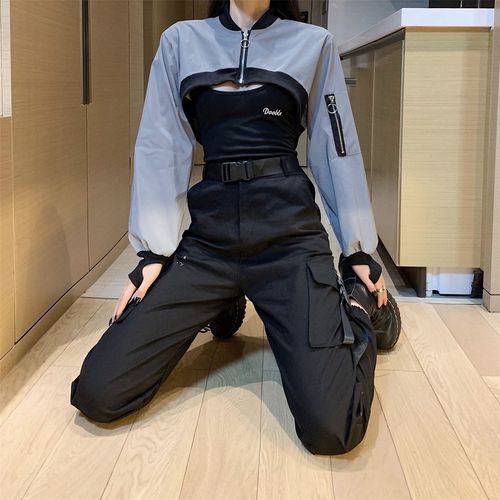 酷飒风格女孩穿搭黑暗系女装工装裤上衣套装女潮帅气机车外套搭配