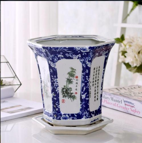 景德镇中式复古带托盘陶瓷超大花盆青花高脚兰花专用方形栽种树