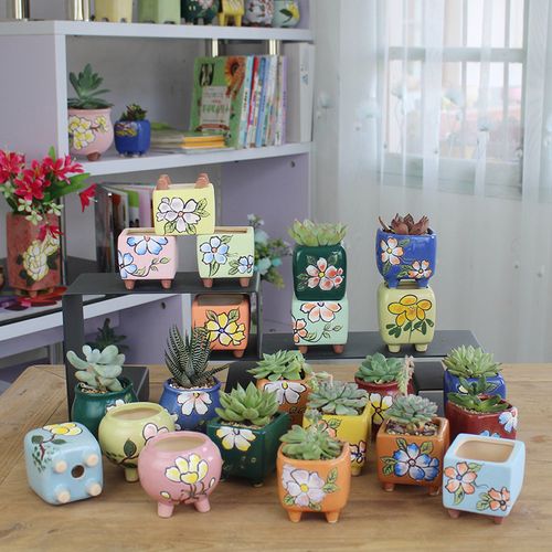 韩式手绘多肉陶瓷花盆带脚透气粗陶创意小盆拇指有孔手工绘画可爱