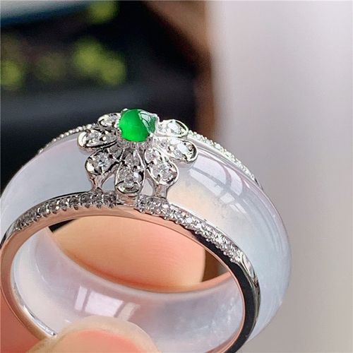 3月新品 鸿玉翡翠18k金镶嵌冰种起光白冰精美指环戒指 a710326