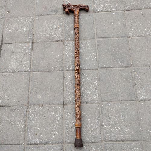 古玩老货旧藏老桃木拐杖 纯手工雕刻《福寿安康》龙头拐杖