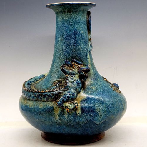 古董瓷器收藏老物件老钧窑窑变釉蟠龙瓶全品赏瓶摆件尺寸28*20cm