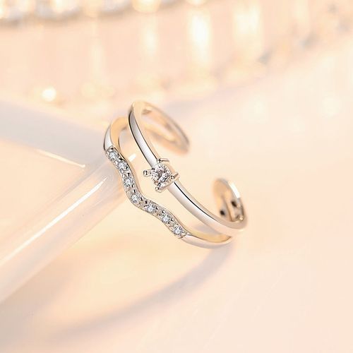 925纯银二线双层镶钻戒指韩版潮人食指戒指女新款开口防过敏指环