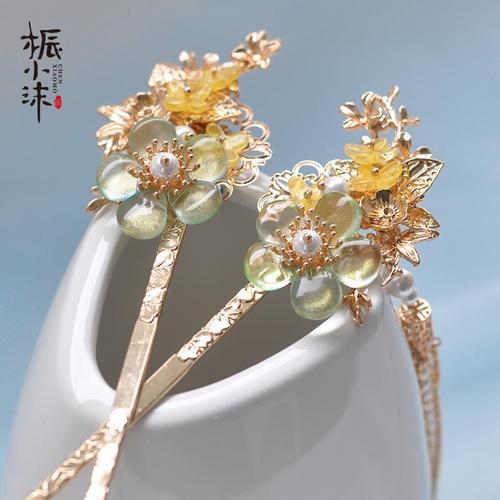 桭小沫青柠发簪diy材料包对簪汉服自制古风发饰对夹流苏头饰梅花