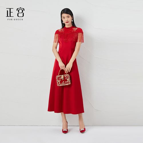 正宫新娘礼服中国风气质刺绣流苏装饰收腰显瘦垂感连衣裙长款女