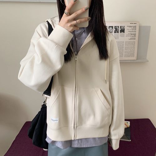 自制日系古着ins奶杏色卫衣女连帽bf学生温柔风纯色拉链开衫外套