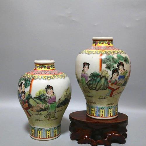 景德镇革文瓷器保真老厂货瓷器红色收藏艺术瓷厂手绘美女瓶对