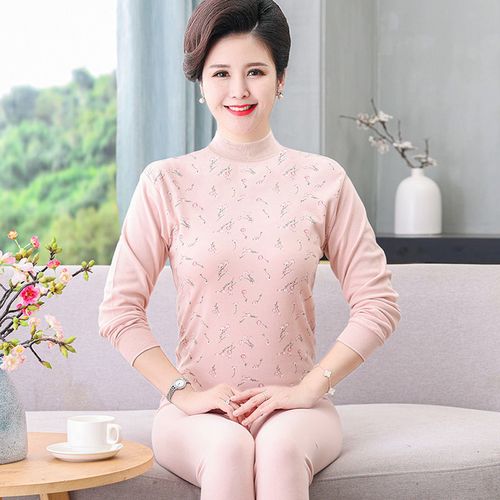 秋衣秋裤女纯棉套装中老年妈妈保暖内衣女薄款秋季上衣女棉毛衫 301浅