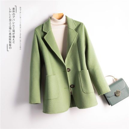 三莲双面呢大衣女2020秋冬新款修身短款毛呢外套纯羊毛呢大衣西装