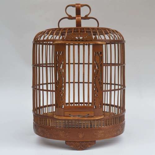 高档鸟笼精品雕刻八哥鹩哥玉鸟画眉中大号贵州三皮老竹鸟笼子全套