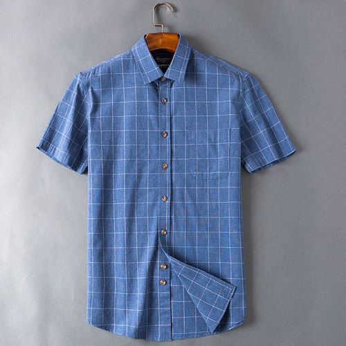 保罗正品男士100%纯棉格子衬衫男短袖夏季上衣全棉休闲中老年衬衣