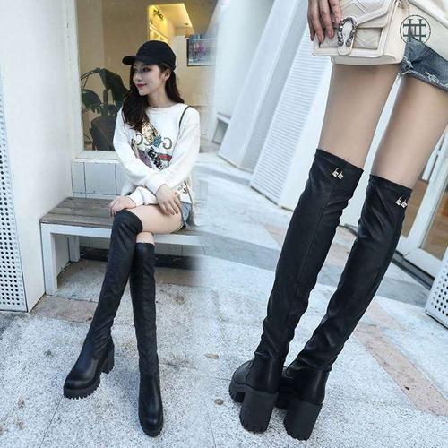 弹力过膝秋冬靴女长靴子2019瘦瘦高跟粗跟长筒皮靴