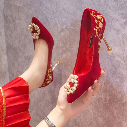 穿的婚鞋女生结婚秋冬季主持人鞋女红色高跟鞋新款中式结秀禾婚纱两穿