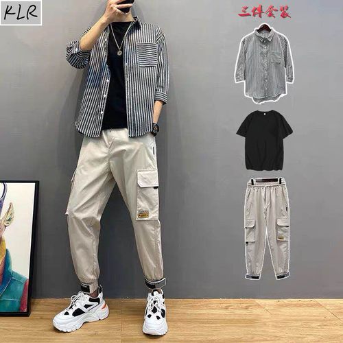 夏季条纹七分袖衬衫男装韩版潮流痞帅衬衣休闲套装一套搭配三件套