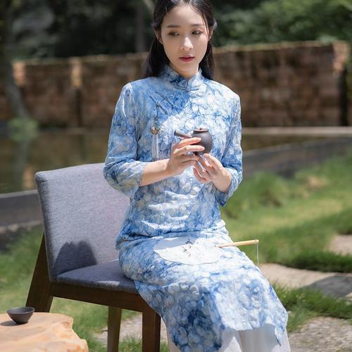 中西结合旗袍中式复古茶服连衣裙禅意年轻款中国风修身茶艺师服装