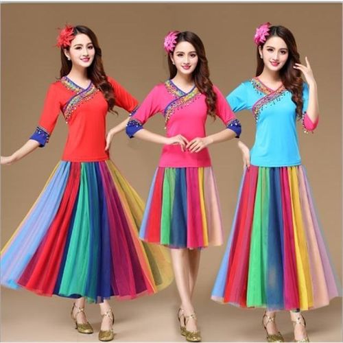 藏族舞蹈服广场舞服装 新款套装 表演跳舞演出服七彩大摆舞长裙【15天