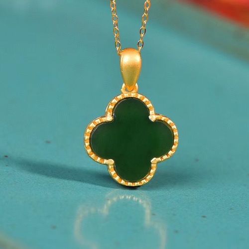 s925纯银天然和田玉古法金镶嵌四叶草项链幸运草民族风吊坠锁骨链