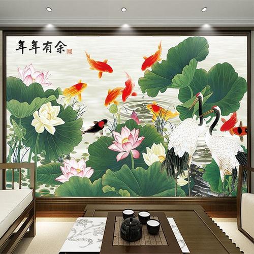 中式荷花九鱼图装饰画年年有鱼墙贴壁画客厅沙发背景卧室招财