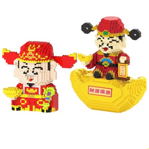 微钻石小颗粒积木新年吉祥如意财神爷拼装玩具聚宝盆办公摆件礼物