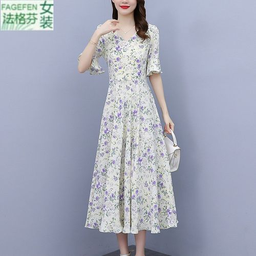 法格芬 贵妇人高端碎花雪纺连衣裙女夏季今年流行气质长到脚踝的裙子