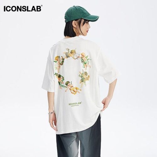 iconslab联名ssur plus烟雾欢庆小天使圈印花t恤情侣休闲宽松短袖