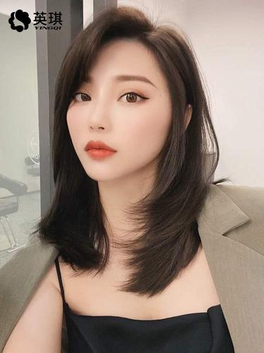 英琪假发女中长发偏分刘海蓬松锁骨发全真自然真发头套韩式发型女