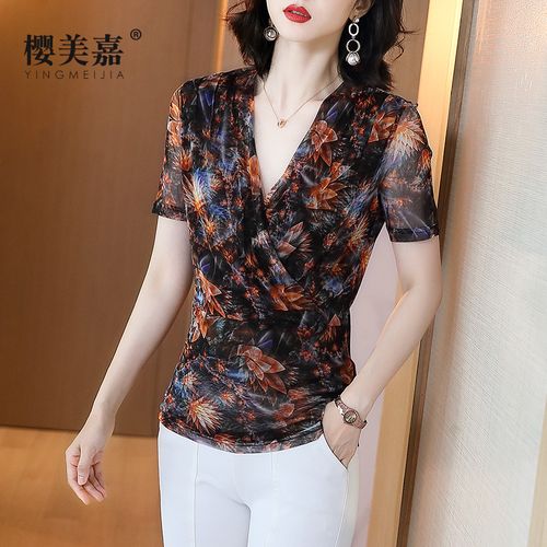 樱美嘉印花网眼针织真丝短袖t恤女2020新款收腰显瘦v