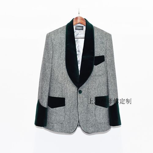 私人定制  麻灰色西服外套 青果领西服 拼墨绿色天鹅绒西服 男