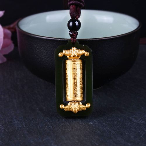 4d厚足金镶墨玉百福转运筒吊坠时来运转心经玉坠挂件