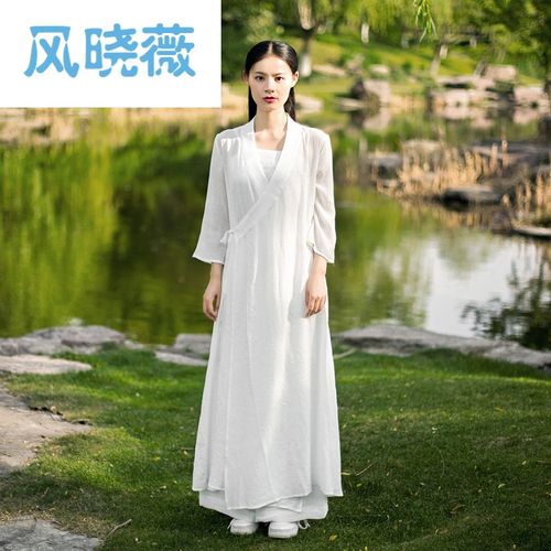 风晓薇今年流行的禅舞服女白色禅服长裙仙中国风禅意棉麻连衣裙中式长